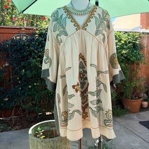 Zara Cream Mini Dress with Green and Brown Embroidery